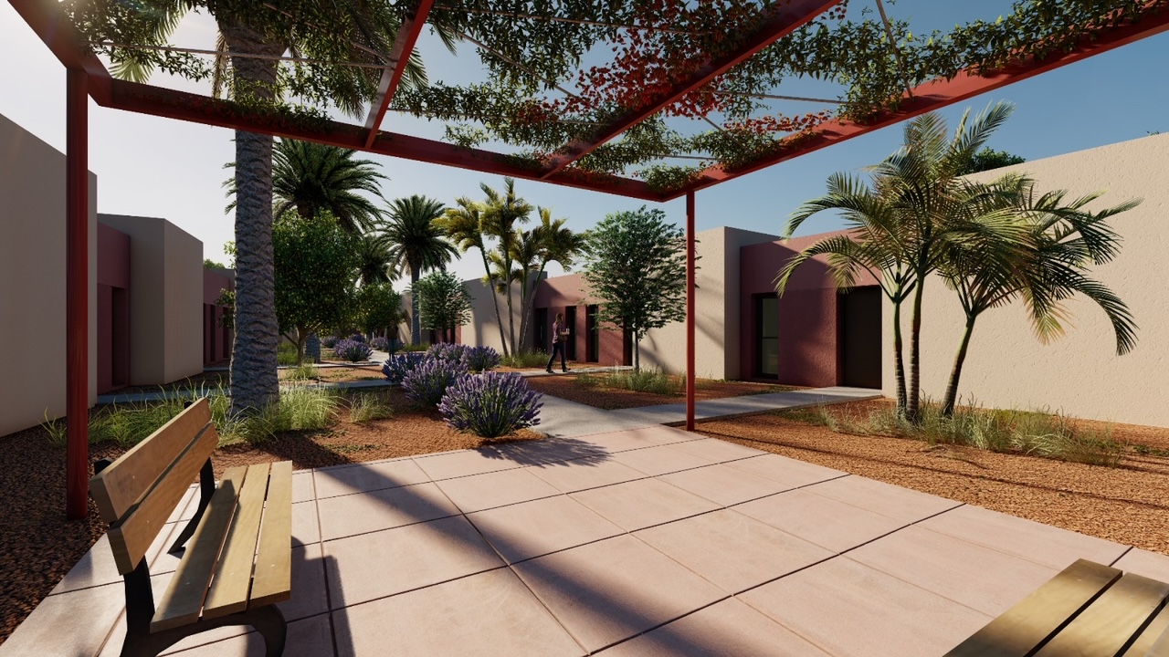 Pérgola del resort con bungalós y palmeras en El Algar